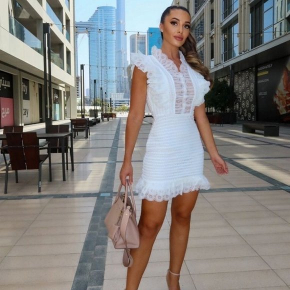 White Crochet Lace Sleeveless V-Neck Ruffle Detail Bodycon Mini Dress - Picture 13 of 15